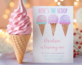 Editable Ice Cream Birthday Invitation Here's The Scoop Modern Ice Cream Birthday Girl Ice Cream Party Watercolor Digital Download A673
