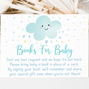 Cartes de demande de livre pour baby shower nuage bleu nuage arc-en-ciel gouttes de pluie garçon nuage bébé saupoudrer livres pour bébé Téléchargement instantané imprimable A592