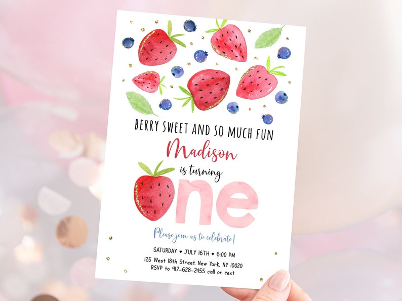 May include: A pink and white birthday invitation with a watercolor illustration of strawberries and blueberries. The text reads "Berry Sweet and So Much Fun Madison is turning one. Please join us to celebrate! Saturday, July 16th, 6:00 PM, 125 West 18th Street, New York, NY 10020, RSVP to 917-628-2455 call or text."