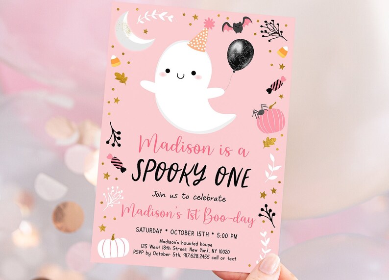 Editable Spooky One Ghost Birthday Invitation Halloween Ghost First Birthday Invite Pink Ghost Girl Halloween Party Digital