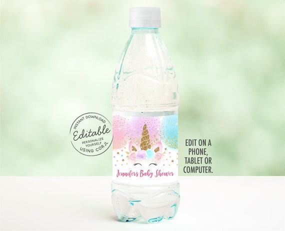 Editable Unicorn Baby Shower Water Bottle Labels Pink Gold Unicorn Floral Unicorn Girl Baby Shower Printable Instant Download Corjl A450