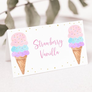 Bearbeitbare Eis-Geburtstags-Zelt-Karten-Lebensmittel-Etiketten Regenbogen-Eistüte-Rosa-Gold-Ballon-Mädchen-Eiscreme-Party druckbare Digital A611