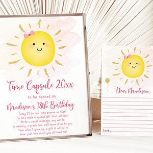 Editable Sunshine Birthday Time Capsule Sunshine First Birthday Sunshine Party Pink & Gold Sunshine Digital Printable Instant Download A536