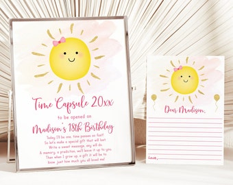 Editable Sunshine Birthday Time Capsule Sunshine First Birthday Sunshine Party Pink & Gold Sunshine Digital Printable Instant Download A536