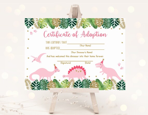 Pink Dinosaur Certificate Of Adoption Adopt A Dinosaur Pink Gold Dinosaur Birthday Girl Dinosaur Dinosaur Party Digital Download A507 Il_570xn