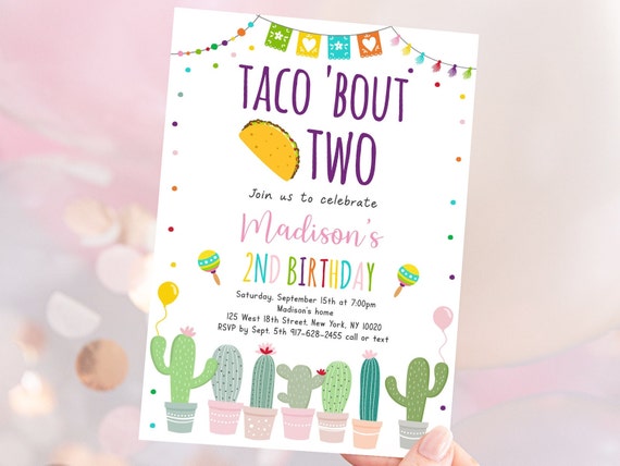 Editable Taco Bout Two Birthday Invitation Fiesta 2nd Birthday Invite Girl Fiesta Party Cactus Succulent Mexican Digital Download A552 Il_570xn