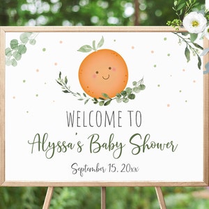 Editable Little Cutie Baby Shower Welcome Sign Little Cutie On The Way Clementine Greenery Gender Neutral Printable Digital Download A535