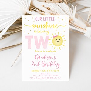 Editable Sunshine 2nd Birthday Invitation Girl Sunshine Party Pastel Little Sunshine Pink Gold Birthday Invite Digital Download A599 image 4