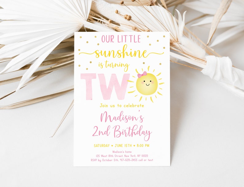 Editable Sunshine 2nd Birthday Invitation Girl Sunshine Party Pastel Little Sunshine Pink Gold Birthday Invite Digital Download A599 image 4