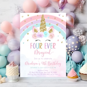 Editable Unicorn 4th Birthday Invitation, Four Ever Magical Invite, Rainbow Unicorn, Pink Gold Pastel Floral Unicorn Party, Digital A582