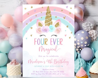 Editable Unicorn 4th Birthday Invitation, Four Ever Magical Invite, Rainbow Unicorn, Pink Gold Pastel Floral Unicorn Party, Digital A582