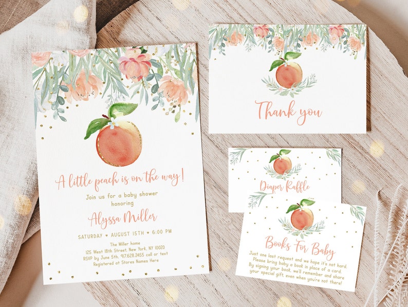 May include: A peach-themed baby shower invitation with gold glitter accents. The invitation features a peach with a green leaf, watercolor flowers, and the text "A little peach is on the way!"  Join us for a baby shower honoring Alyssa Miller. Saturday, August 15th, 6:00 PM. The Miller home, 125 West 18th Street New York, NY 10020. RSVP by June 5th, 97628.2455 call or text. Registered at Stores Names Here.