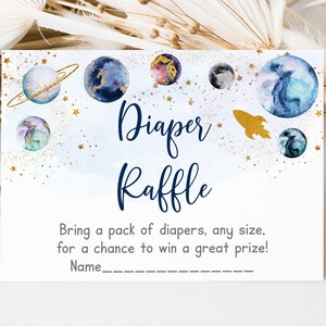 Ruimte luier loterij kaarten Galaxy babyshower gouden planeten ruimte zonnestelsel raket schip afdrukbare digitale Instant Download A586