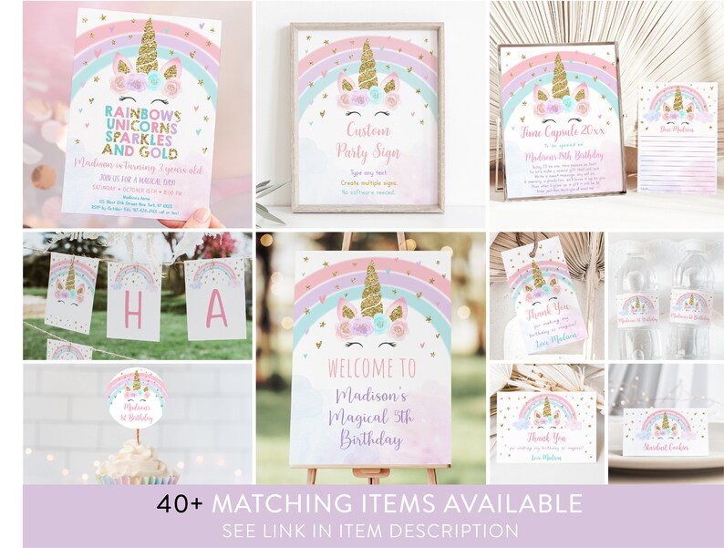 May include: A set of printable party decorations featuring a unicorn with a rainbow, flowers, and gold glitter. The text on the invitation reads "Rainbows Unicorns Sparkles and Gold" and "Madison is turning 3 years old". The welcome sign reads "Welcome to Madison's Magical 3rd Birthday".