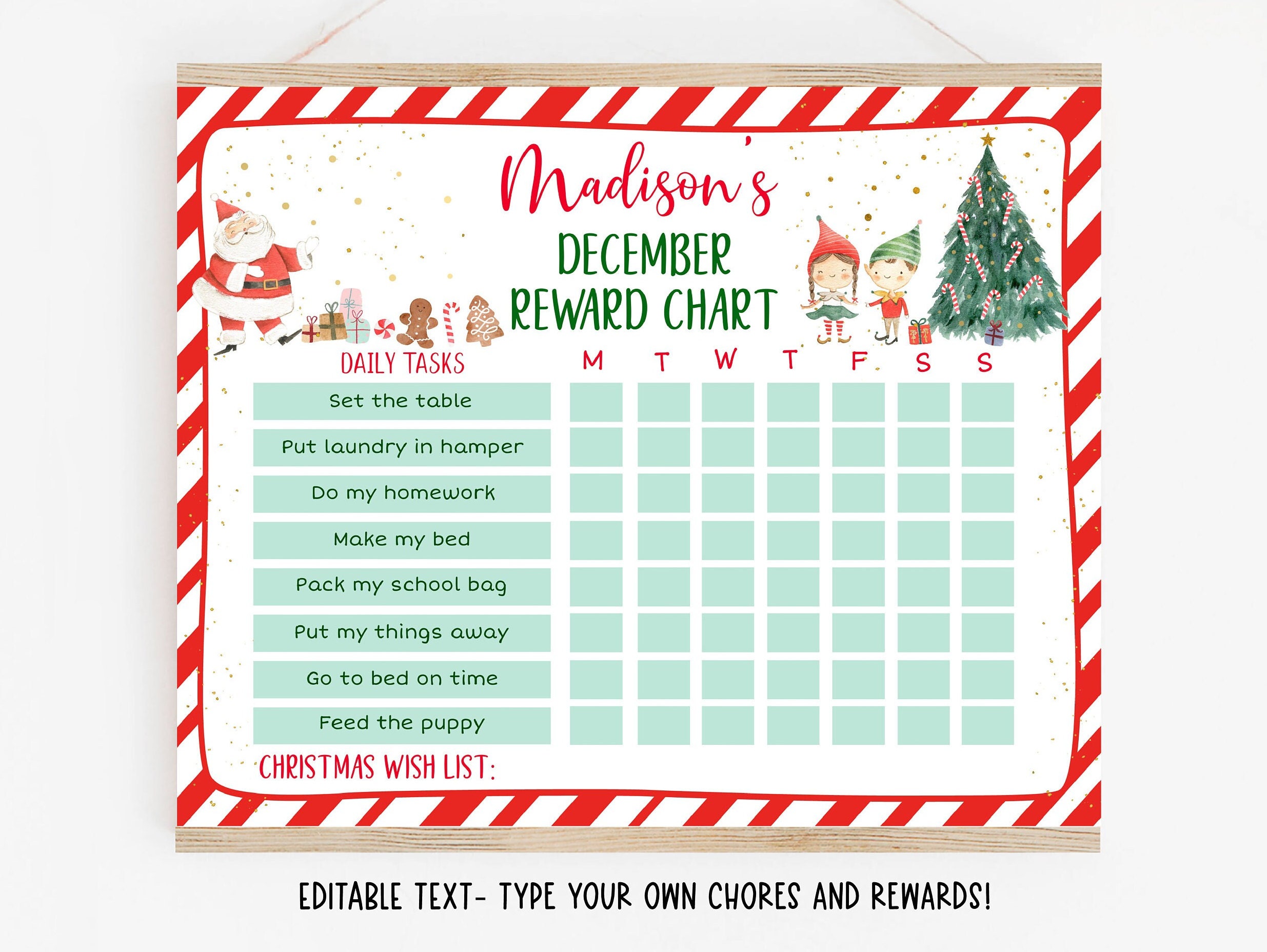 editable christmas elf reward chart, christmas behavior chart, boy