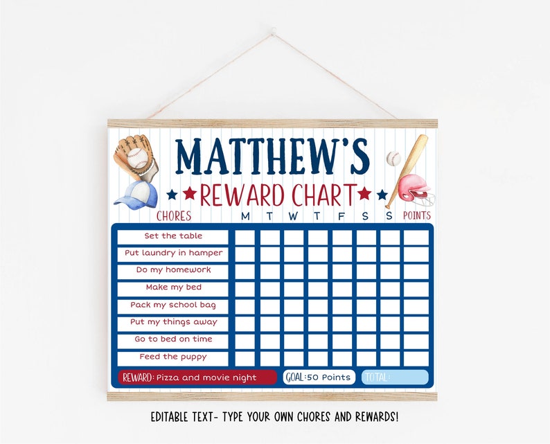 EDITABLE Baseball Reward Chart, Boys Reward Chart, Baseball Chore Chart, Sports Reward Chart, Behavior Chart Printable Digital Download BC image 1