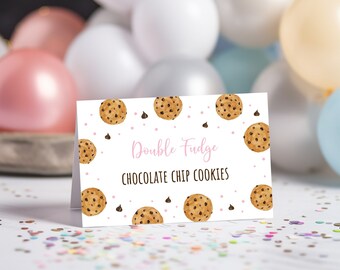 May include: White card with pink polka dots and chocolate chip cookie illustrations. The text reads "Double Fudge Chocolate Chip Cookies".