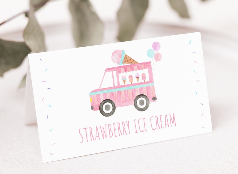 May include: A pink ice cream truck with a white roof and blue accents. The truck has a cone of ice cream on top and balloons. The text "STRAWBERRY ICE CREAM" is printed below the truck.