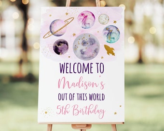Editable Space Birthday Welcome Sign Pink Gold Galaxy Planets Girls Outer Space Party Moon Solar System Printable Digital Download A631