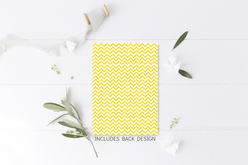 May include: A yellow and white chevron patterned card with the text "INCLUDES BACK DESIGN" at the bottom.