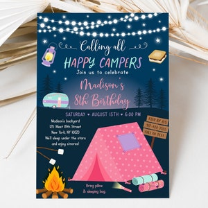 Editable Girl Camping Birthday Invitation Camping Sleepover Party Invite Glamping S'mores Pink Camper Camping Under Stars Digital A630