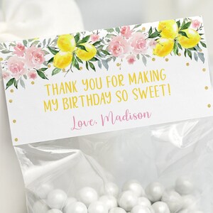 May include: A white favor bag with a pink and yellow lemon themed thank you tag. The tag says "Thank you for making my birthday so sweet! Love, Madison".