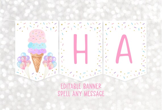 Editable Ice Cream Birthday Banner Rainbow Ice Cream Cone Pink Gold Balloon Sprinkles Girl Ice Cream Party Printable Digital Download A611 Il_570xn