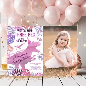 Editable Three Rex Dinosaur Birthday Invitation Girl Dinosaur 3rd Birthday Invite Dinosaur Safari T-Rex Pink Purple Watercolor Digital A663