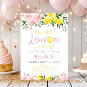 Editable Lemonade Baby Shower Invitation Little Lemon on the way Pink Lemonade Pink Gold Floral Baby Girl Shower Digital Download A613