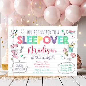 Editable Sleepover Birthday Invitation Sleepover Party Slumber Party Pajama Party Pink Girl Rainbow Sleepover Digital Download A523