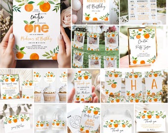 May include: A collection of orange-themed party supplies for a first birthday celebration. The set includes invitations, signs, cupcake toppers, thank you cards, and water bottle labels, all featuring orange and green foliage designs. The text "Our Little Cutie is Turning One" is visible.