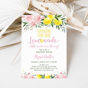 May include: A baby shower invitation with a lemonade theme. The invitation features a watercolor illustration of lemons, flowers, and gold glitter. The text reads "Sunshine Fun and Lemonade, a little sweetie is on the way!"  Join us for a baby shower honoring Alyssa Miller. Saturday, August 15th, 6:00 PM. The Miller home, 125 West 18th Street, New York, NY 10020. RSVP by August 5th: 917.628.2455 call or text. Registered at Store Names Here.