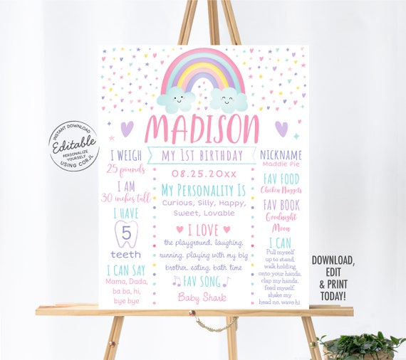EDITABLE Rainbow Milestone Birthday Sign Rainbow First Birthday Pink Pastel Rainbow Clouds Girl First Birthday Printable Digital Corjl A549 Il_570xn