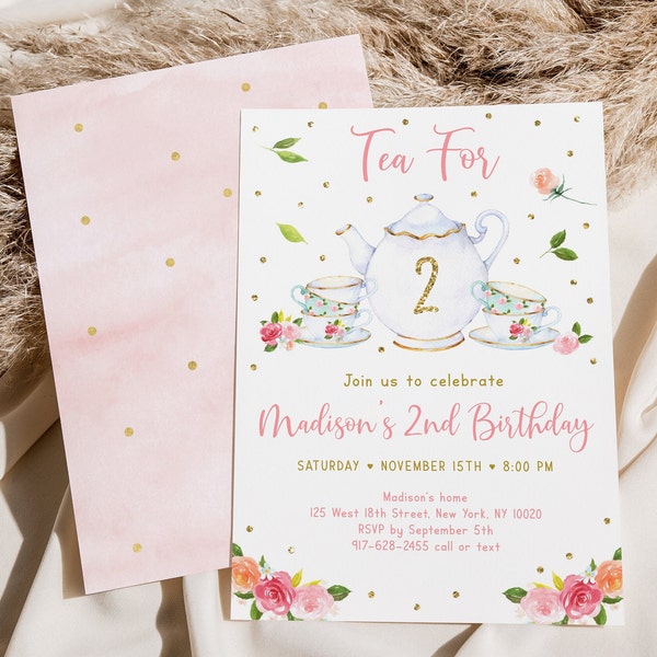 Editable Tea for Two Birthday Invitation Girl Pink Gold Floral Tea Party Invite 2nd Birthday Digital Printable Instant Download A583