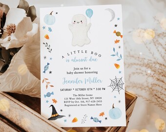 Editable Little Boo Ghost Baby Shower Invitation Little Boo Is Almost Due Blue Boy Ghost Pumpkin Halloween Baby Shower Download A706