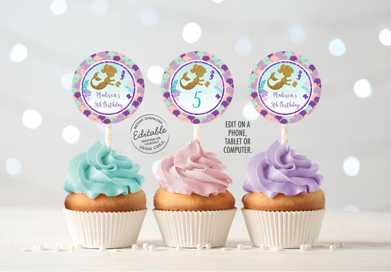 EDITABLE Mermaid Cupcake Toppers Mermaid Birthday Mermaid Party Teal Purple Gold Under The Sea Pool Party Printable Instant Download A461 Il_570xn