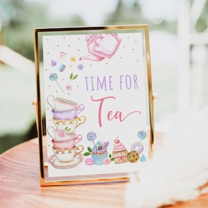 Tea Party Time For Tea Sign Tea Party Sign Let&#39;s Par-tea Birthday Pink Gold Floral Tea Party Cake Cupcake Cookie Digital Download A651