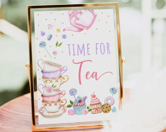 Letrero para la hora de la fiesta del té Letrero para la fiesta del té Let's Party Tea Cumpleaños Pastel de té floral en oro rosa Cupcake Galleta Descarga digital A651