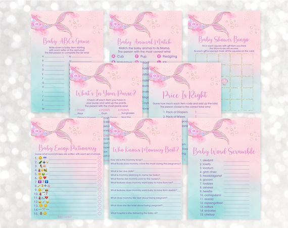 Mermaid Baby Shower Games Package Pink Gold Mermaid Tail Under The Sea Baby Shower Set of 8 Printable Games Bundle Digital Download A627 Il_570xn