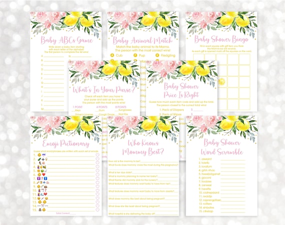 Lemonade Baby Shower Games Package Lemon Baby Shower Pink Lemonade Little Sweetie Pink Gold Floral 8 Printable Games Digital Download A613 Il_570xn