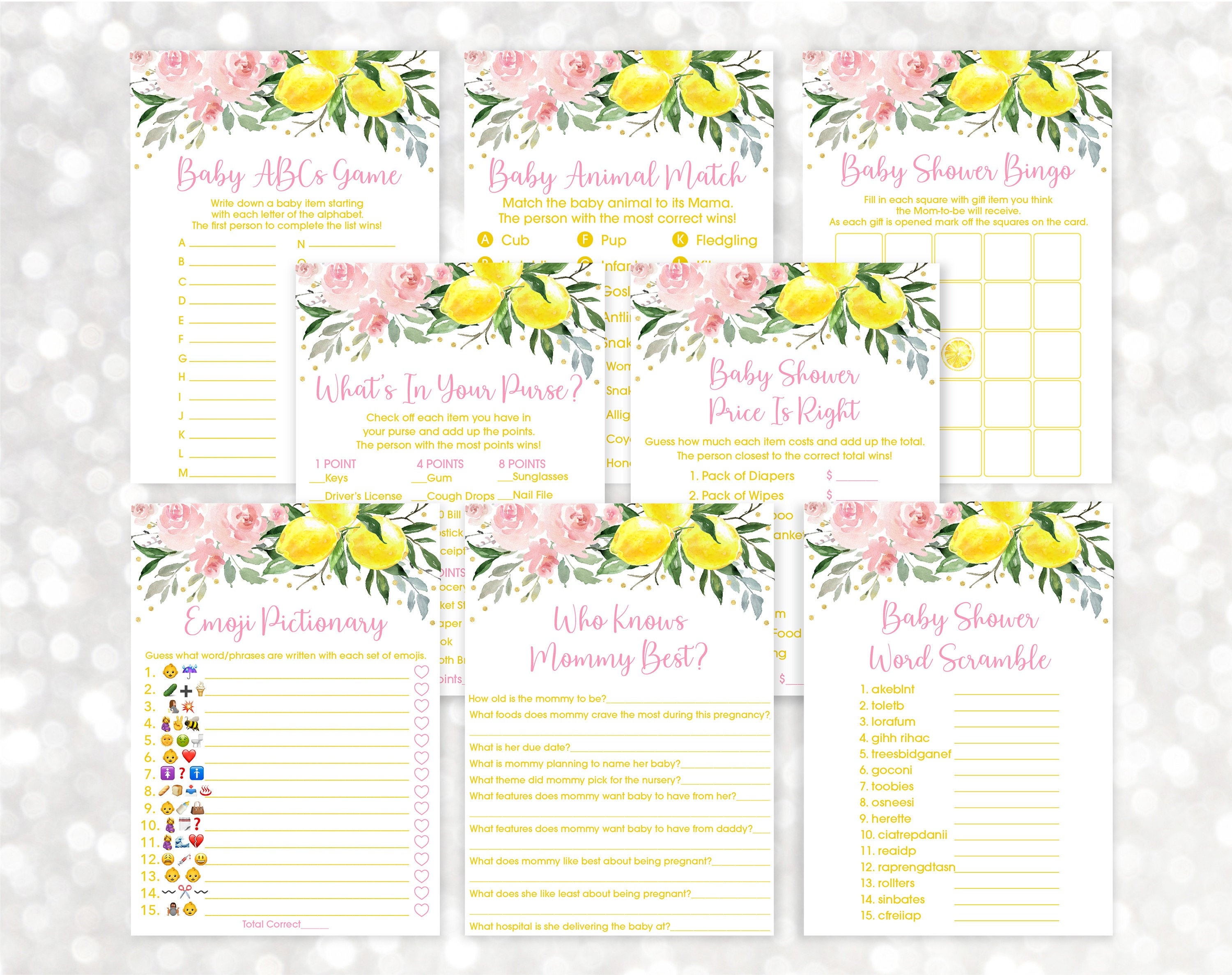 Lemonade Baby Shower Games Package Lemon Baby Shower Pink Lemonade Little Sweetie Pink Gold Floral 8 Printable Games Digital Download A613