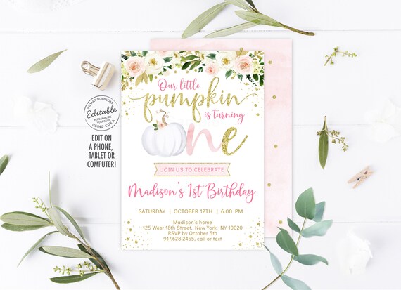 EDITABLE Pumpkin First Birthday Invitation, Little Pumpkin Invitations, Fall Autumn 1st Birthday, Pink & Gold Floral Printable Digital A515 Il_570xn