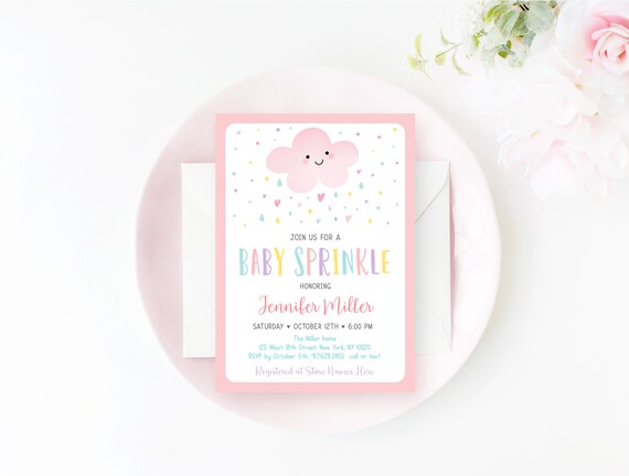 Editable Pink Cloud Baby Sprinkle Invitation Girl Baby Sprinkle Invite Rainbow Raindrops Hearts Stars Printable Digital Download A592 Il_570xn