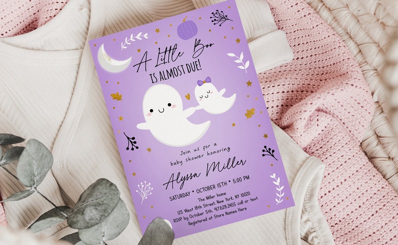 Editable Little Boo Baby Shower Invitation Little Boo Is Almost Due Purple Ghost Pumpkin Halloween Baby Shower Invite Digital