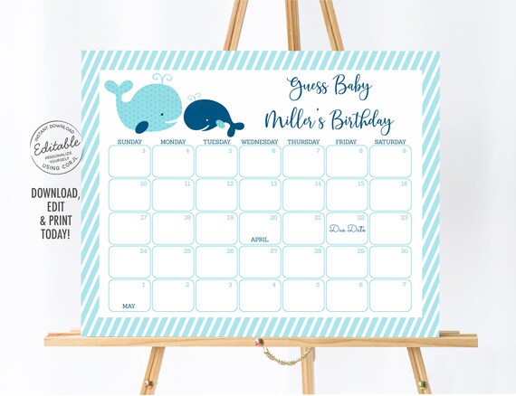 EDITABLE Whale Baby Due Date Calendar Game Whale Baby Shower Nautical Baby Shower Baby Boy Guess Baby's Birthday Digital Printable A160 Il_570xn