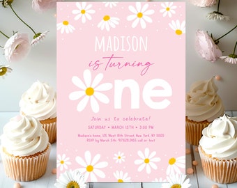 Daisy First Birthday Invitation Retro Daisy Birthday Invite Pink Daisy Party Girl Flower First Birthday Editable Digital Download A691
