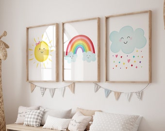 Set of 3 Rainbow Prints Rainbow Nursery Art Rainbow Wall Art Cute Cloud Sunshine Weather Girls Wall Art Kids Printable Instant Download A530
