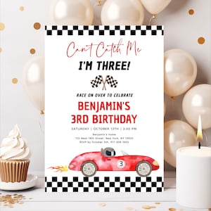 Invitation modifiable pour le troisième anniversaire de la voiture de course, je ne peux pas m&#39;attraper, j&#39;ai trois ans, invitation à une fête de voiture de course rouge, flamme de voiture de course, troisième anniversaire de garçon A688