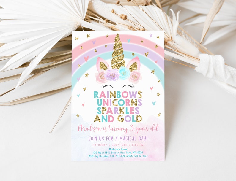 Editable Unicorn Rainbow Birthday Invitation Unicorns Rainbows Sparkles ...