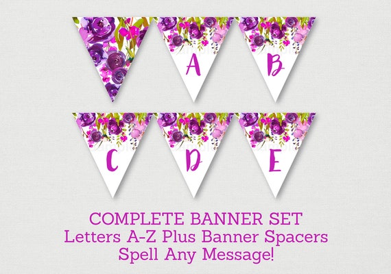 Purple Floral Baby Shower Banner / Floral Baby Shower / Watercolor Floral / Flower Banner / Letters A-Z / Printable INSTANT DOWNLOAD A167 Il_570xn